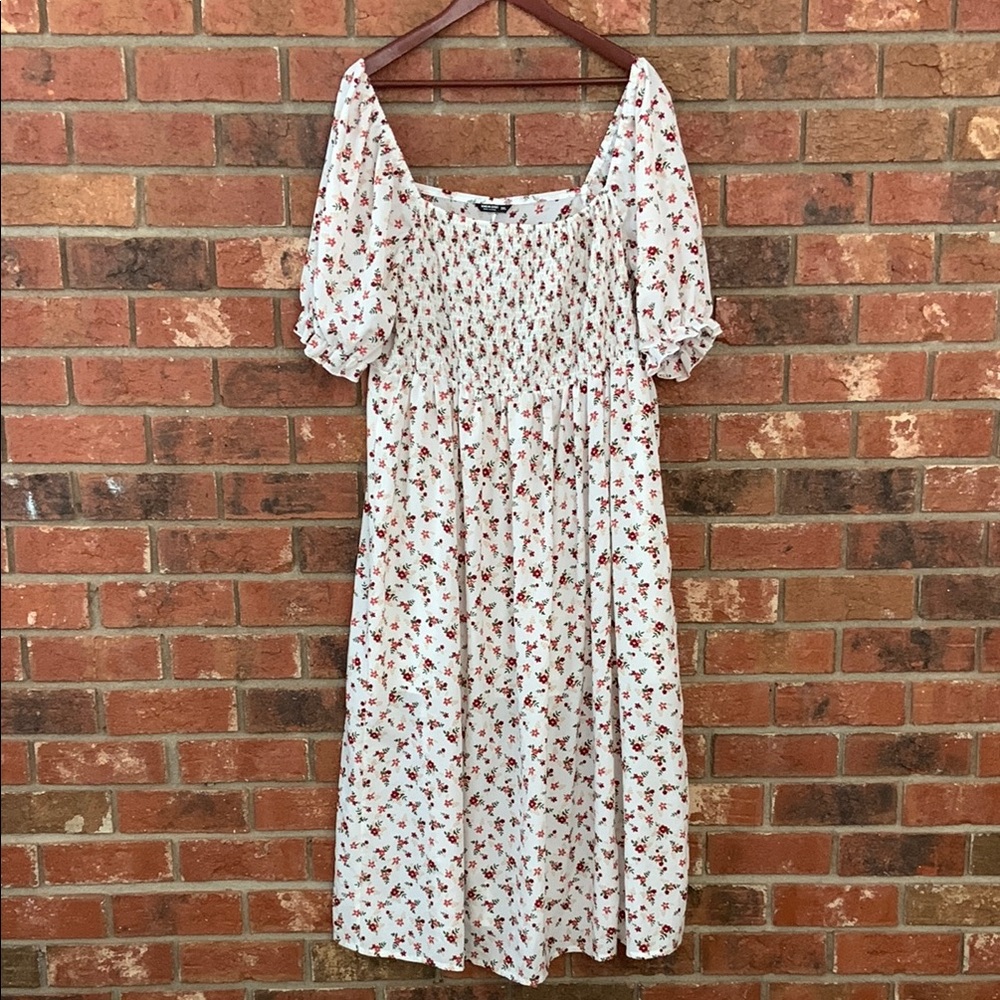 Sale! Shein White Red Floral Puff Sleeve Smocked Dress